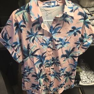 Zeagoo Pink and Blue Palm Print Button Down Shirt